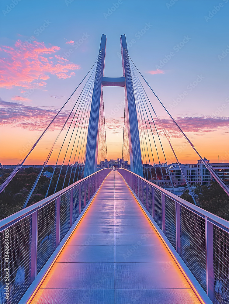 Sunrise over a modern cable-stayed pedestrian bridge Sunrise over a modern cable-stayed pedestrian bridge