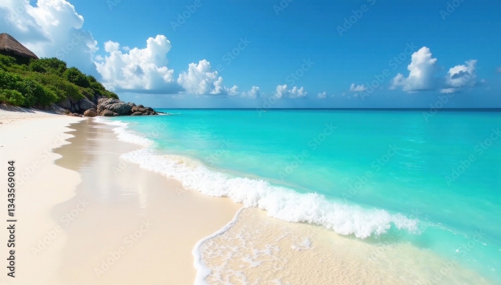 Fototapeta premium Turquoise waves gently lap against white sandy shore of a secluded island in the crystal-clear blue waters of the Pacific Ocean, blue, palm trees