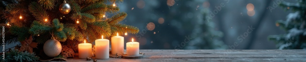 Winter wonderland scene featuring a tall Christmas tree surrounded by frosted glass vases and candles on a wooden table, wooden, vase Winter wonderland scene featuring a tall Christmas tree surrounded by frosted glass vases and candles on a wooden table, wooden, vase