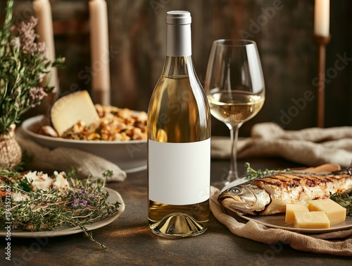 Elegant Still Life: Wine Bottle, Grilled Fish, Cheese, and Culinary Delights for a Gourmet Dining Experience