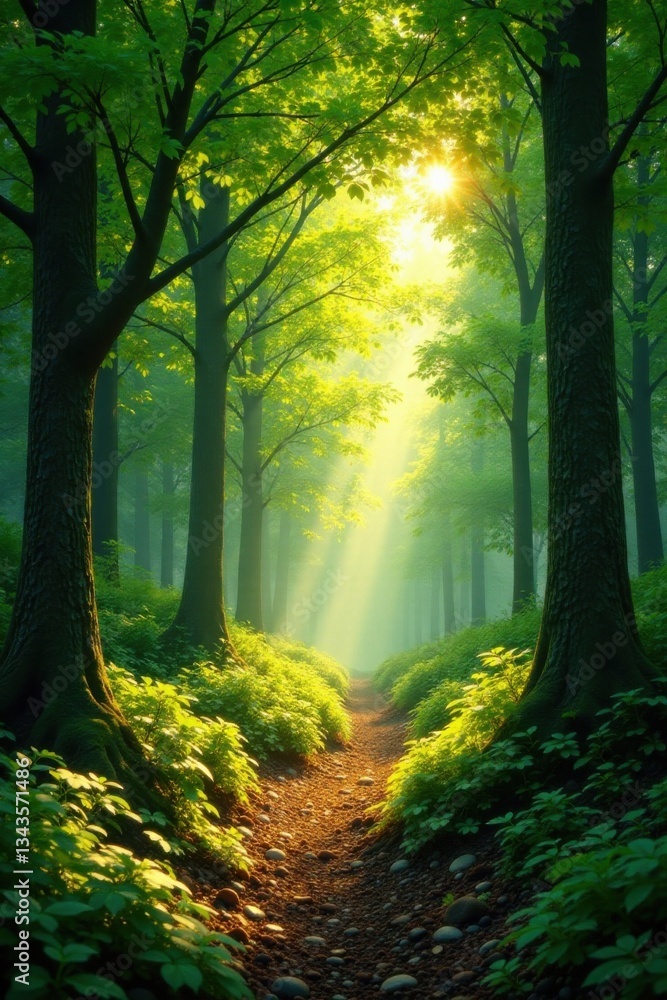 Naklejka premium Warm sunlight filters through lush green foliage, casting dappled patterns on forest floor, greenery, foliage