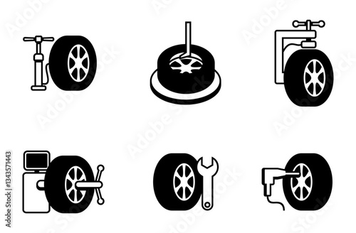 Tire fitting services icons set in monochrome style