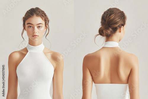 Stylish white halter top model showcasing modern fashion design in neutral backdrop