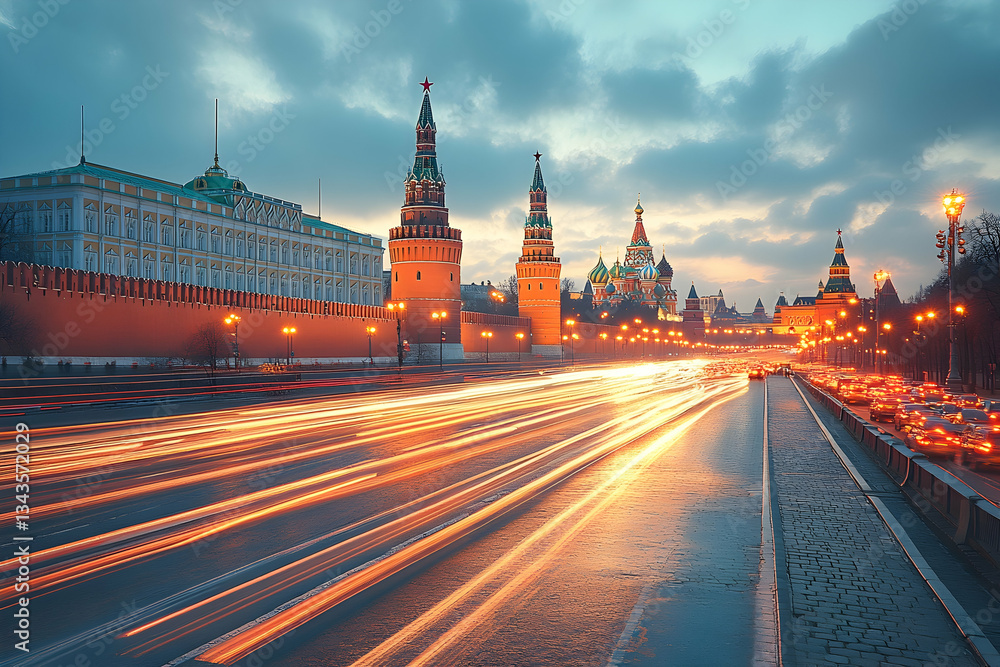 Obraz premium Twilight cityscape with illuminated kremlin walls, towers, and a bustling highway