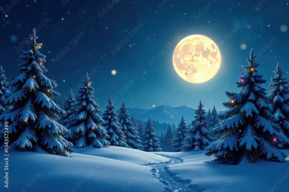 Winter forest with Christmas trees, snowflakes, and a full moon, snow, winter Winter forest with Christmas trees, snowflakes, and a full moon, snow, winter