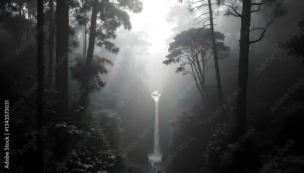Obraz premium Dark green tropical rainforest canopy with morning mist gently swirling through the trees