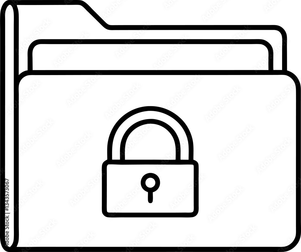 Secure Folder Icon Black and White Outline of Confidential Documents, Data Protection, and Privacy Symbol