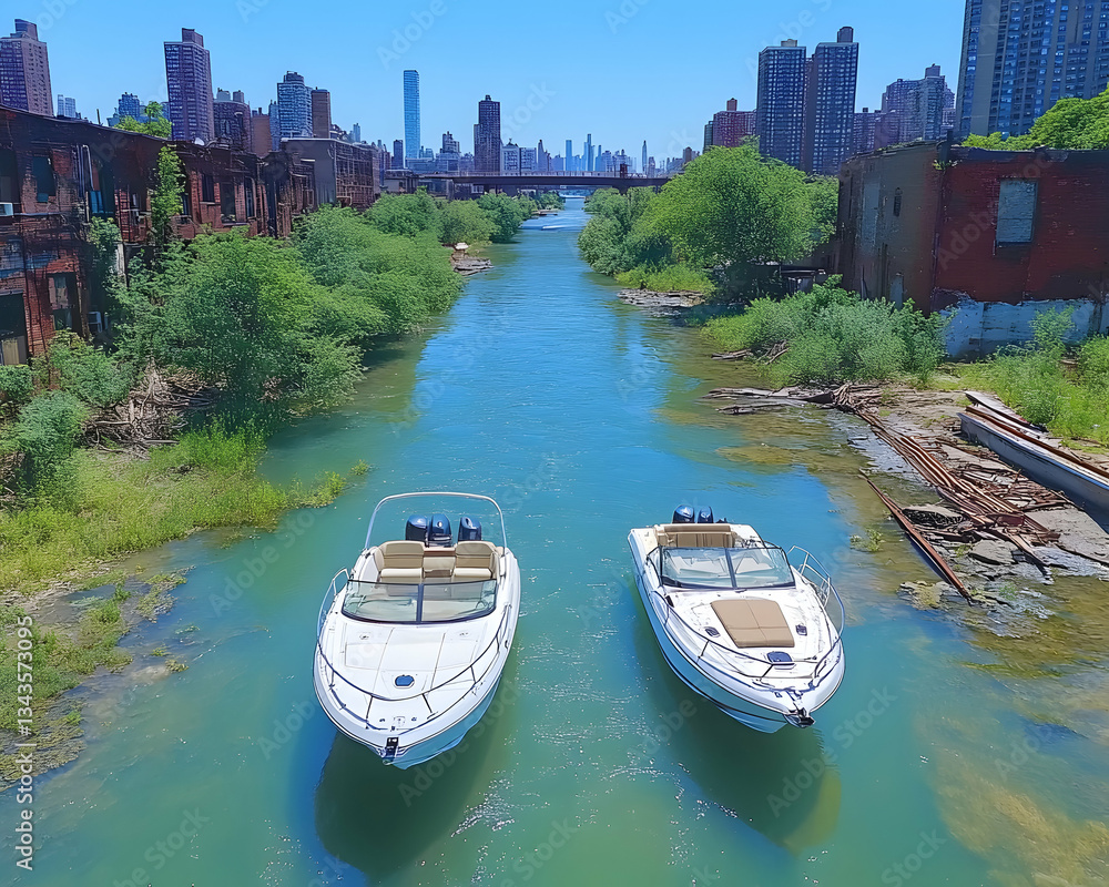 Naklejka premium Two white powerboats on a calm urban waterway, city skyline in background