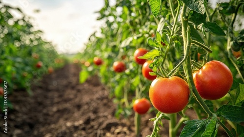 Tomato Growing, Farming, and Harvest visualized in a field where rows of tomato plants are being carefully tended, with ripe tomatoes ready to be picked
