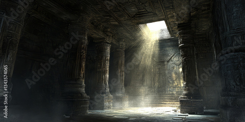 A mysterious 3D background of an ancient, dimly lit stone temple with towering columns. Faint light beams shine through cracks in the ceiling, illuminating intricate carvings on the walls. Dust