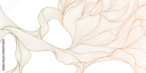 Vector gold line wave, abstract luxury fancy background. Glitter premium banner, curve elegant ornament, cloud japanese poster. Leaves, water, organic wallpaper