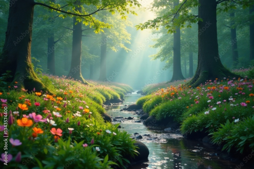 Fototapeta premium A misty morning in the forest reveals vibrant wildflowers and a meandering stream through lush greenery , streams, forest, foliage
