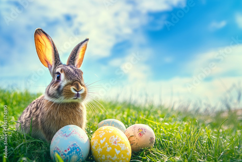 easter bunny and easter eggs. color ful easter egg and bunny in a grass 
