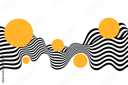 Abstract black and white waves. Wave pattern with orange circles. Vector background. Eps 10