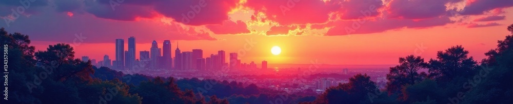 Fototapeta premium Colorful cityscape at sunset with skyscrapers and trees, background, cityscape
