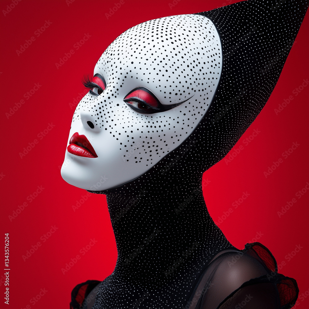 female model with extreme black and white alien makeup on red background female model with extreme black and white alien makeup on red background