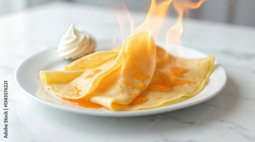 Delicious crepes Suzette flambe served with whipped cream on a marble table Delicious crepes Suzette flambe served with whipped cream on a marble table