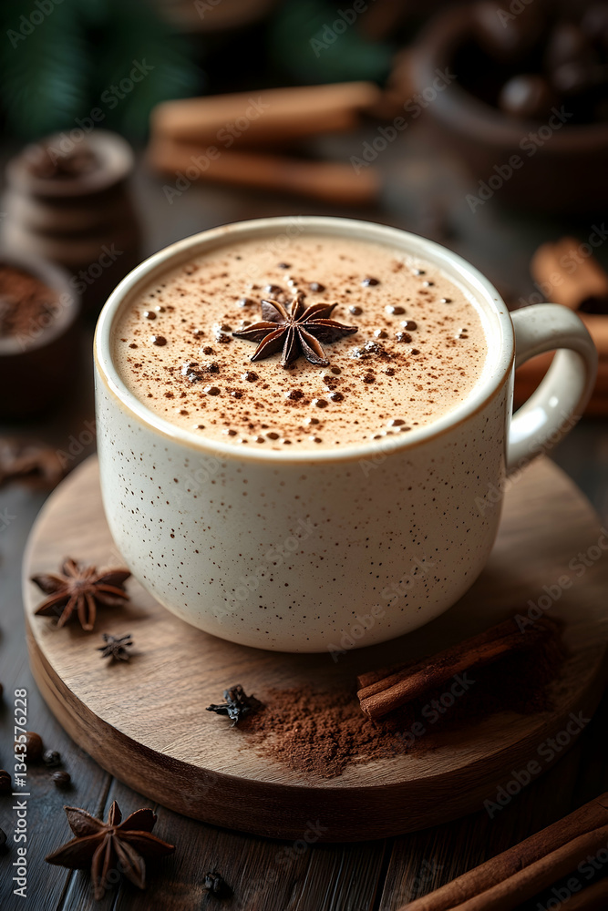 Warm spiced latte in speckled mug, garnished with star anise, cinnamon sticks, and spices Warm spiced latte in speckled mug, garnished with star anise, cinnamon sticks, and spices