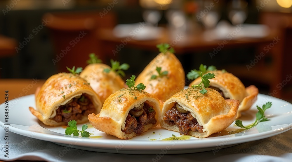 Empanadas filled with flavorful meat on a plate, perfect for a culinary experience in Argentina Empanadas filled with flavorful meat on a plate, perfect for a culinary experience in Argentina