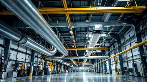 interior view of a large industrial facility with pipes, ducts, and metallic structures overhead