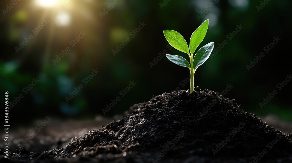 A young sprout emerging from fertile soil, bathed in sunlight