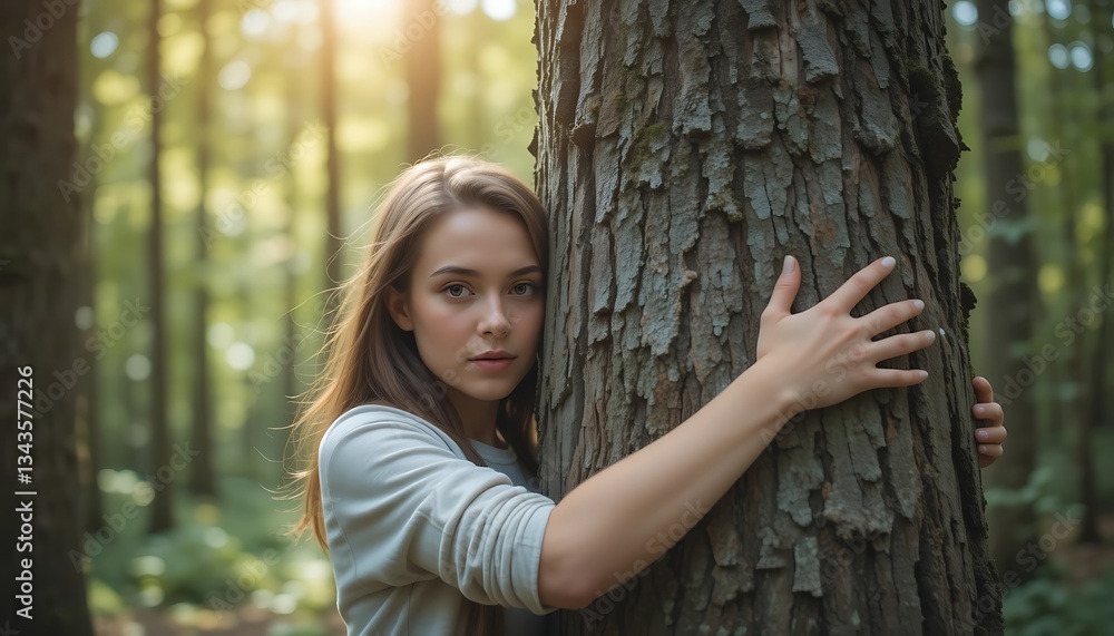 Woman Embracing Tree in Sunlit Forest, Connecting with Nature Concept Woman Embracing Tree in Sunlit Forest, Connecting with Nature Concept