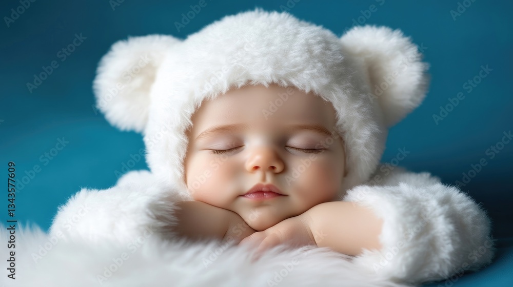 Sweet baby sleeping in a fluffy white bear costume