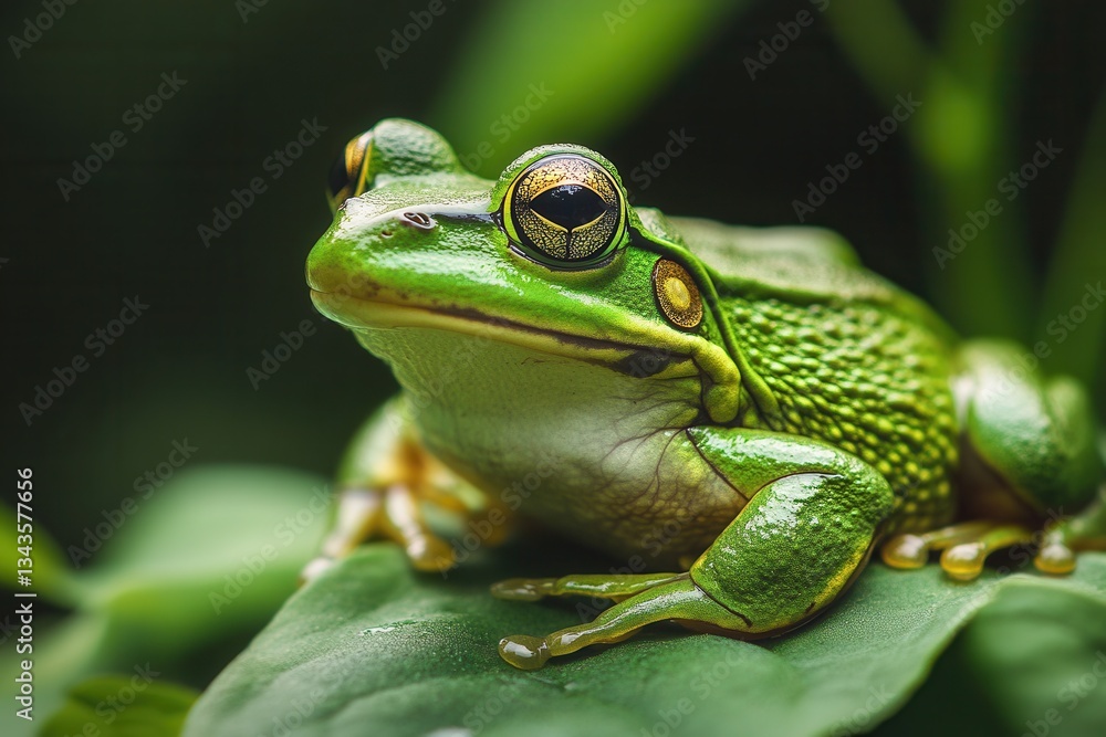 A close-up of a green frog perched on top of a rock, enjoying the view A close-up of a green frog perched on top of a rock, enjoying the view