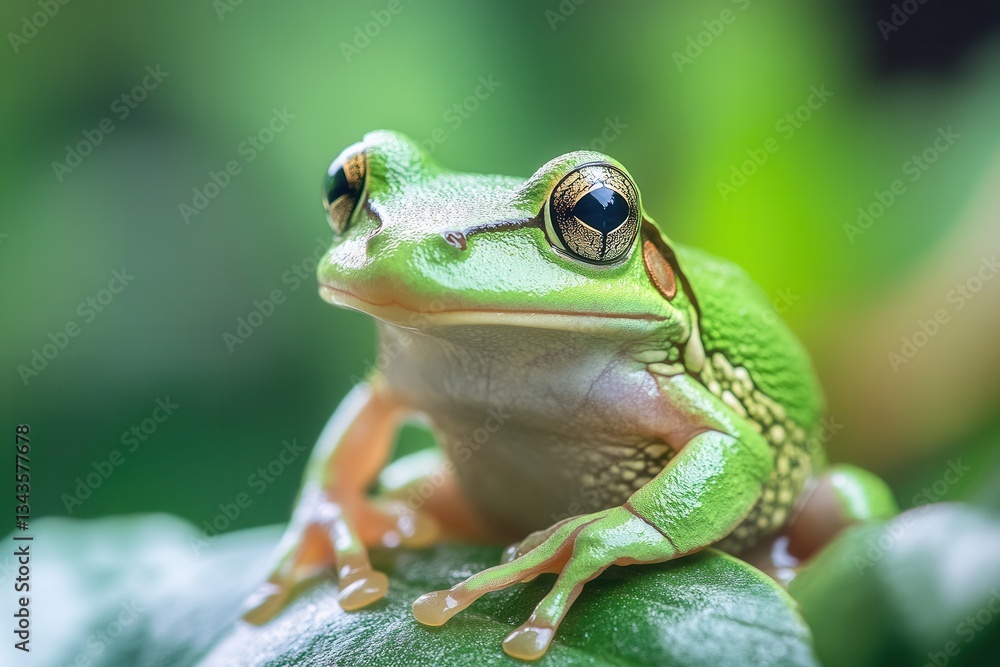 Fototapeta premium A green frog sits comfortably on top of a log, captured in stunning detail