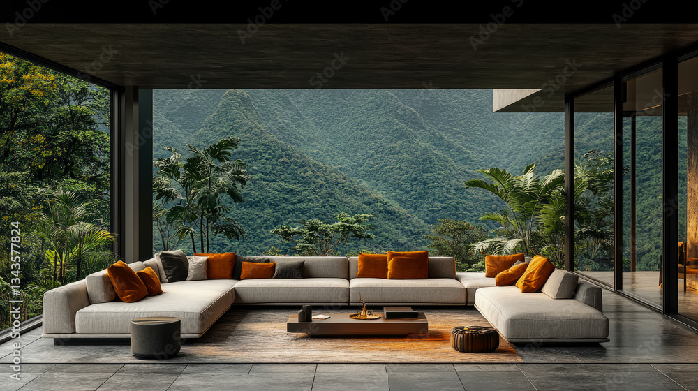 Fototapeta premium Tranquil Living: Interior sanctuary with sprawling couch, nature's embrace, for a serene escape and architectural elegance