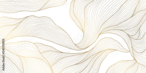 Vector gold line wave, abstract luxury fancy background. Glitter premium banner, curve elegant ornament, cloud japanese poster. Leaves, water, organic wallpaper