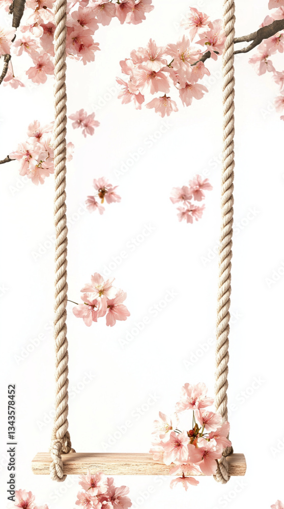 Obraz premium cherry blossoms around a long rope of a swing on a white background