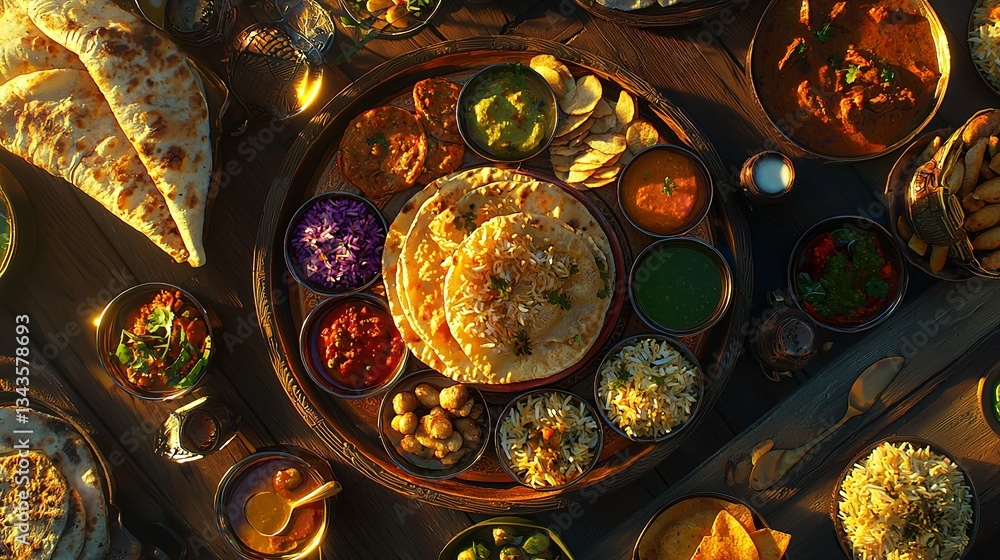 Overhead view of a Thali, a traditional Indian platter filled with various dishes Overhead view of a Thali, a traditional Indian platter filled with various dishes