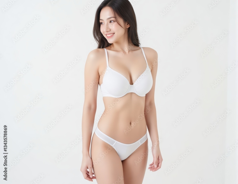Fototapeta premium A glowing woman stands in a white studio, wearing a white bra and panties. Her gentle smile and side gaze highlight her toned body and radiant skin, perfectly framed by the clean, minimalist backdrop