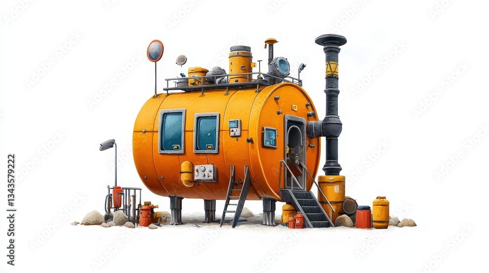 Fototapeta premium Colorful futuristic house with rounded design, equipped with numerous gadgets and a chimney, set against a bright background.