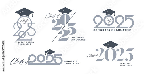 Set of logo for congrats graduates class of 2025. Logo with academic hat or toga hat, numbers and congrats for high school, college or university graduation. Vector illustration.