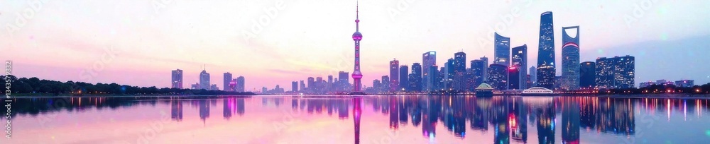 Fototapeta premium futuristic cityscape at dusk with sleek skyscrapers and neon lights reflected on the pristine white background , neon, space