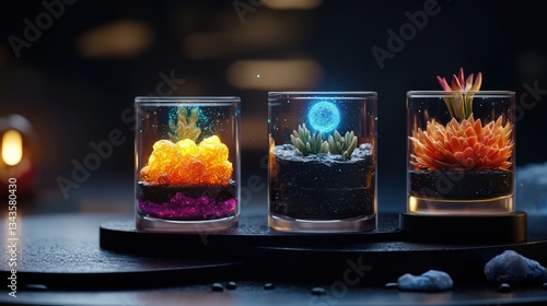 Colorful glowing terrariums with vibrant plants and unique designs, ideal for home decor or nature-inspired art.