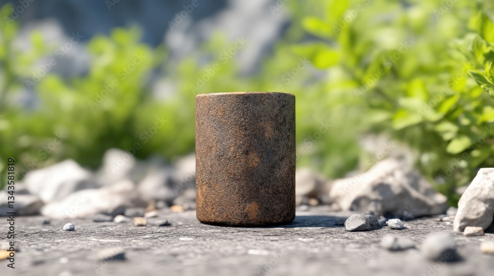 Rusty cylinder amongst rocks and plants