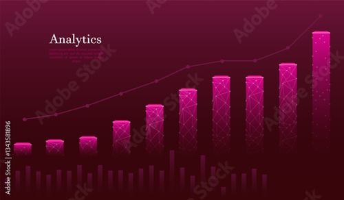 Analytics growth chart. Increasing bar graph polygonal connections data points red background. Digital finance, business statistics, market trends, data visualization, futuristic economic analysis