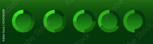 Circular progress charts. A set of green segmented donut graphs representing data analysis, performance tracking, and statistics on a dark background. Business intelligence, financial metrics