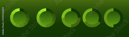 Circular progress charts. A set of green segmented donut graphs representing data analysis, performance tracking, and statistics on a dark background. Business intelligence, financial metrics