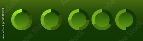 Circular progress charts. A set of green segmented donut graphs representing data analysis, performance tracking, and statistics on a dark background. Business intelligence, financial metrics