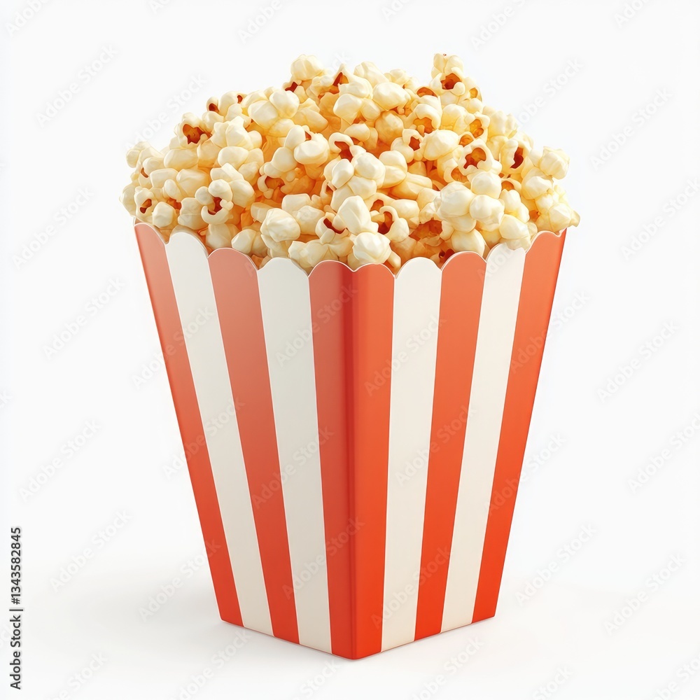 Cute popcorn bucket icon, simple shape, 3D rendering, white background, red and orange stripes, white marshmallows inside the cup Cute popcorn bucket icon, simple shape, 3D rendering, white background, red and orange stripes, white marshmallows inside the cup