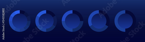 Circular progress charts. A set of blue segmented donut graphs representing data analysis, performance tracking, and statistics on a dark background. Business intelligence, financial metrics