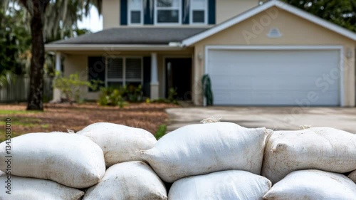 A row of sandbags placed in front of a suburban home as a flood protection measure, symbolizing disaster preparedness and extreme weather precautions.  
