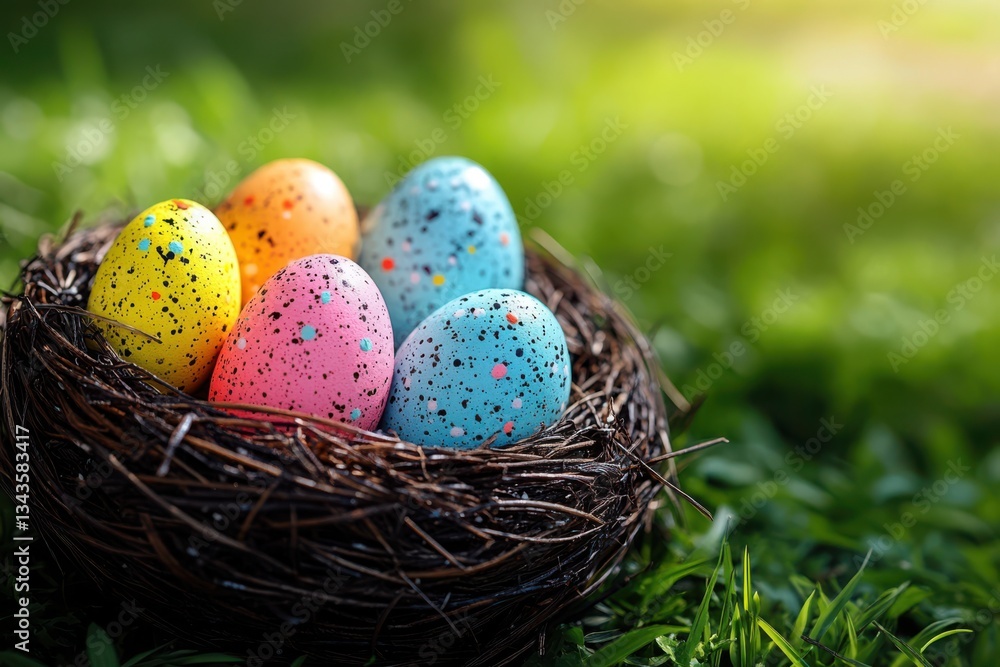 An Easter-themed table setting with scattered colorful eggs, bunny decorations, and chaos-inducing elements in the composition. An Easter-themed table setting with scattered colorful eggs, bunny decorations, and chaos-inducing elements in the composition.