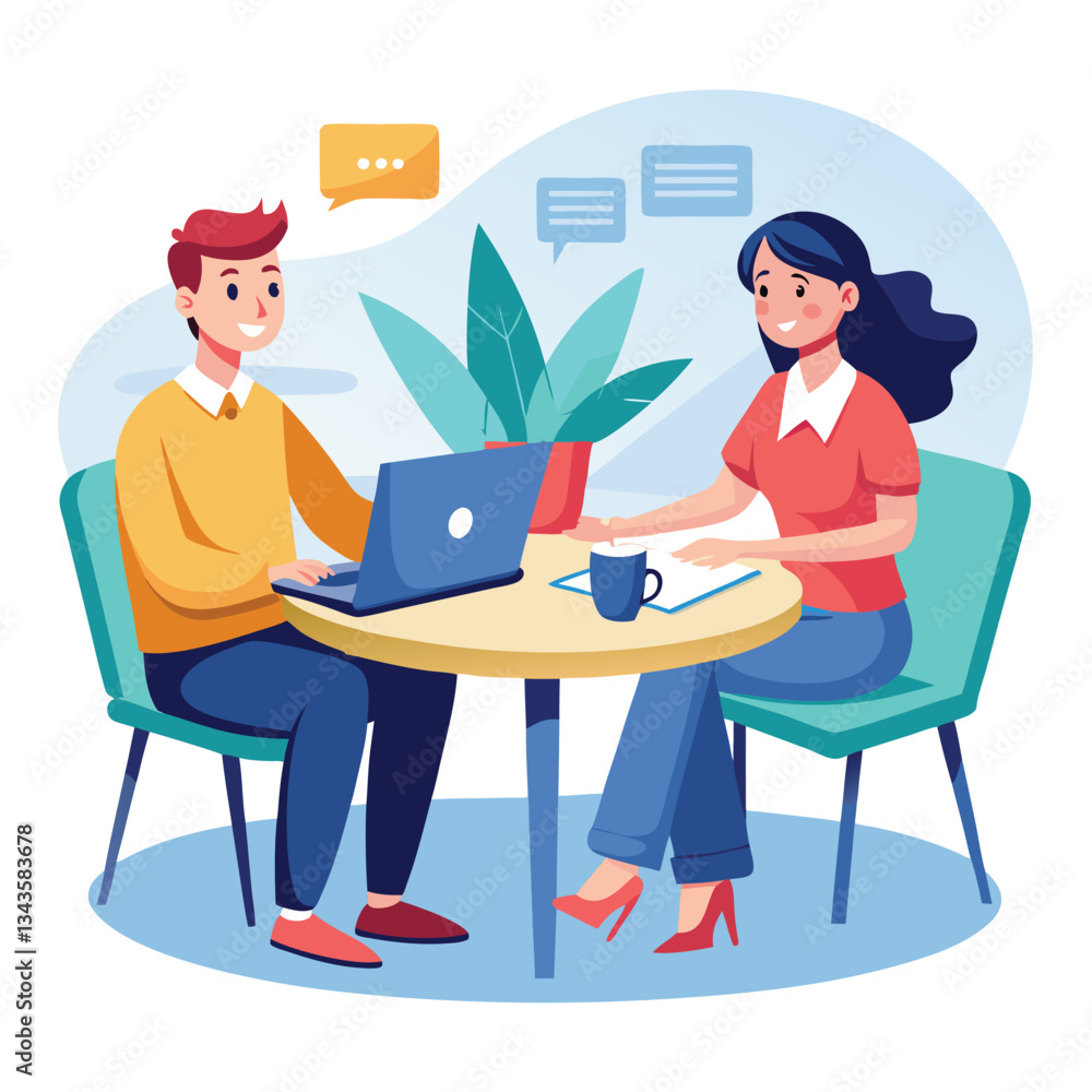 Partners meeting for business discussion with documents and laptop on desk. Couple at round table, speaking, discussing work, partnership. Flat vector illustration isolated on white background Partners meeting for business discussion with documents and laptop on desk. Couple at round table, speaking, discussing work, partnership. Flat vector illustration isolated on white background