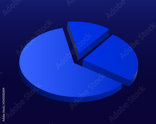 3D pie chart. A blue segmented diagram with an extracted slice on a dark background. Business analytics, financial statistics, data visualization, market research, and performance tracking
