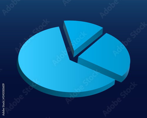 3D pie chart. A blue segmented diagram with an extracted slice on a dark background. Business analytics, financial statistics, data visualization, market research, and performance tracking